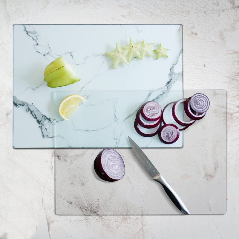 VASUHOME Tempered Glass Cutting Board Set of 2-16x12 inch Marble Pattern Cutting Board for Kitchen Counter - Scratch, Heat, Shatter Resistant and Easy to Clean- Black and Clear - Image 2